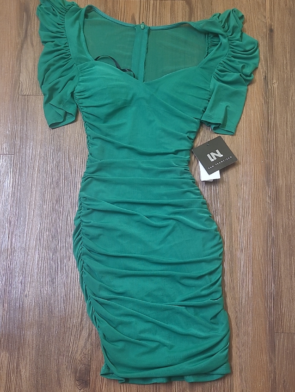 I.N. San Francisco Emerald Green Ruched Puff-Sleeve Mini Dress new sx color gree